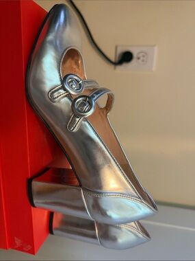 J. Crew Metallic Silver Double-Strap Mary Jane Block Heel Pumps